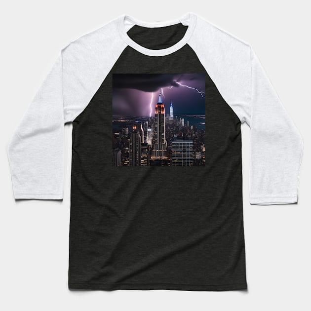 Iconic World Landmarks During A Thunderstorm : The Empire State Building New York Baseball T-Shirt by Musical Art By Andrew